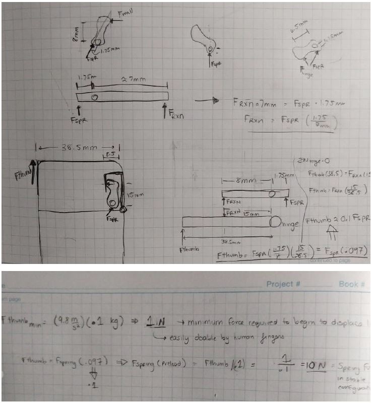 Handwritten force calculation working through the cam geometry -- 8 mm, 1.75 mm and 7 mm lever arms and a 38.5 mm lid -- to F thumb equals F spring times 0.097, then a minimum thumb force of 1 N, noted as easily doable by human fingers, implying a spring preload of about 10 N