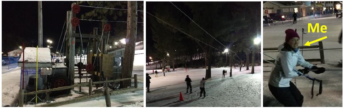 Three photographs taken at the ski slope at night: the drive station with its tractor wheel, guide pulleys and framework; the tow rope running up the slope with skiers holding on; and the author holding the rope, labelled "Me" with a yellow arrow