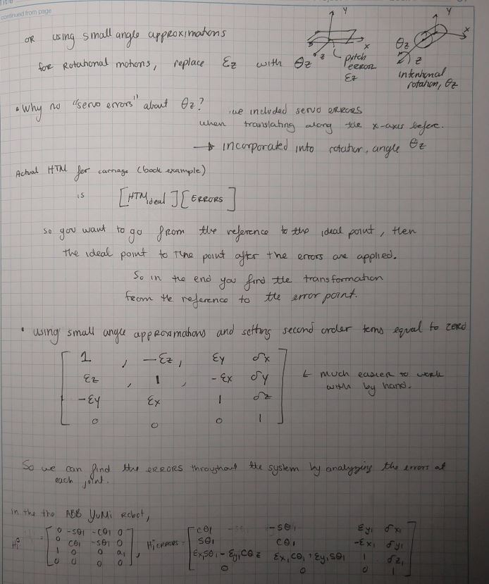 Continued notes: using small angle approximations for rotational motions, replacing epsilon-z with theta-z, a question about why there is no servo error about theta-z answered by noting it was already incorporated into the rotation angle, and the simplified error matrix with second-order terms set to zero -- annotated "much easier to work with by hand". Below, the ideal and error transforms written out for the ABB YuMi's first joint