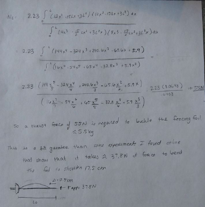 Handwritten evaluation of the Rayleigh-Ritz quotient, expanding and integrating both polynomials over the blade length and dividing, arriving at a critical load of 55 N. The note reads that a thrust force of 55 N, about 5.5 kg, is required to buckle the fencing foil, and that this is a bit greater than experiments found online showing about 37.8 N of force bends the foil to shorten it by 17.5 cm