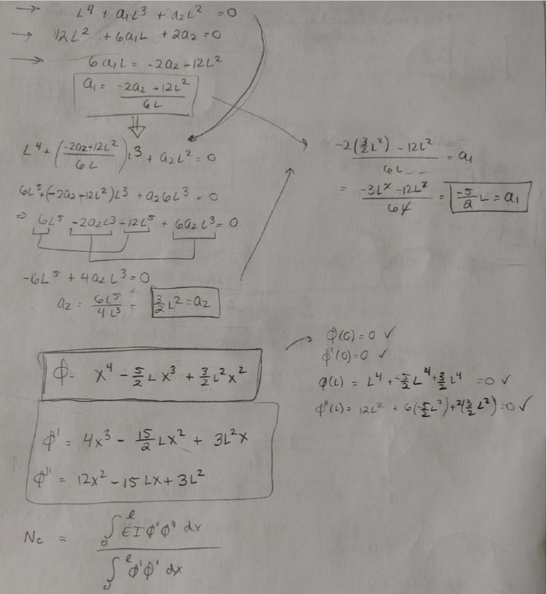 Handwritten solution for the shape function coefficients, working through the boundary conditions to a-1 equals minus 5 L over 2 and a-2 equals 3 L squared over 2, boxing the result phi equals x to the fourth minus five halves L x cubed plus three halves L squared x squared, along with its first and second derivatives, and the Rayleigh-Ritz quotient for the critical load