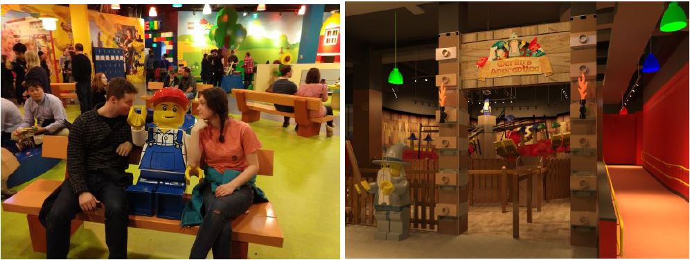 Two photographs from Legoland Boston: the author sitting on a bench beside a life-size Lego minifigure in the play area, and the themed entrance to the Merlin's Apprentice ride with its wooden sign and wizard figure
