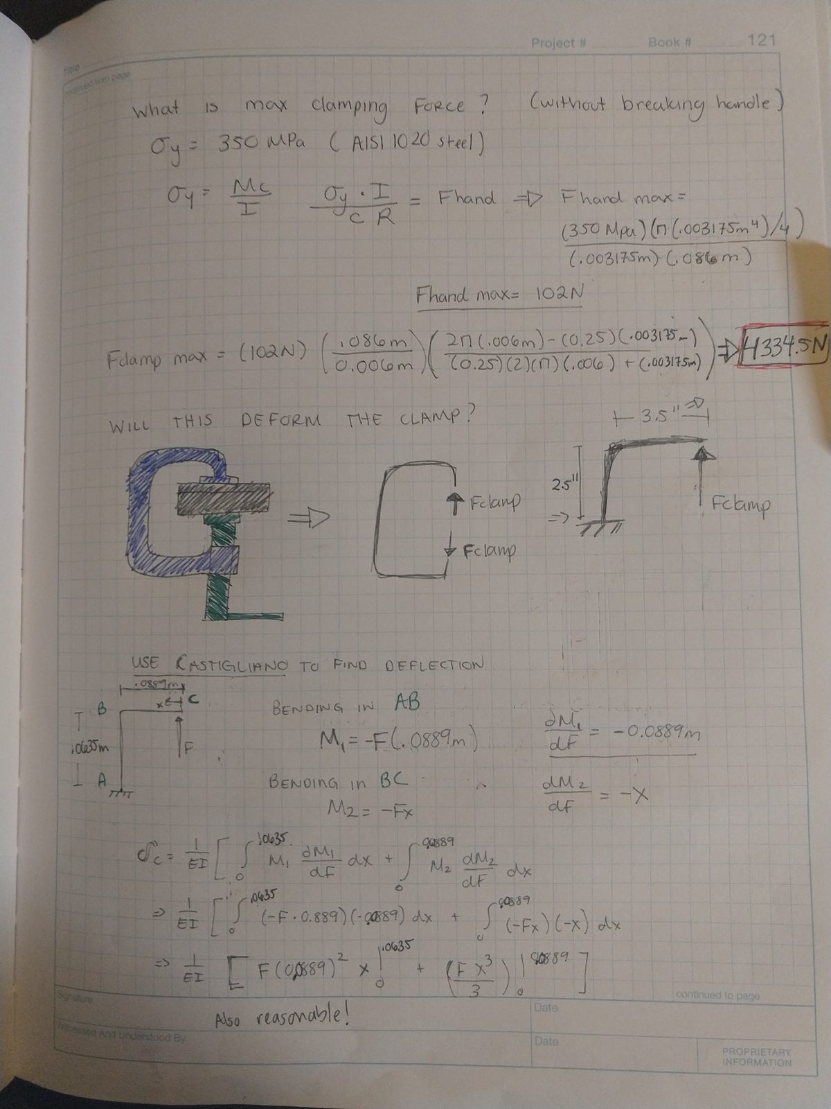 Notebook page finding the maximum clamping force without breaking the handle. Taking AISI 1020 steel with a yield stress of 350 MPa and sigma equals Mc over I, the maximum hand force is 102 N, giving a maximum clamping force of 4334.5 N boxed in red. Below, Castigliano's method is set up to find the clamp's deflection, splitting the frame into segments AB and BC with their bending moments and partial derivatives, and integrating