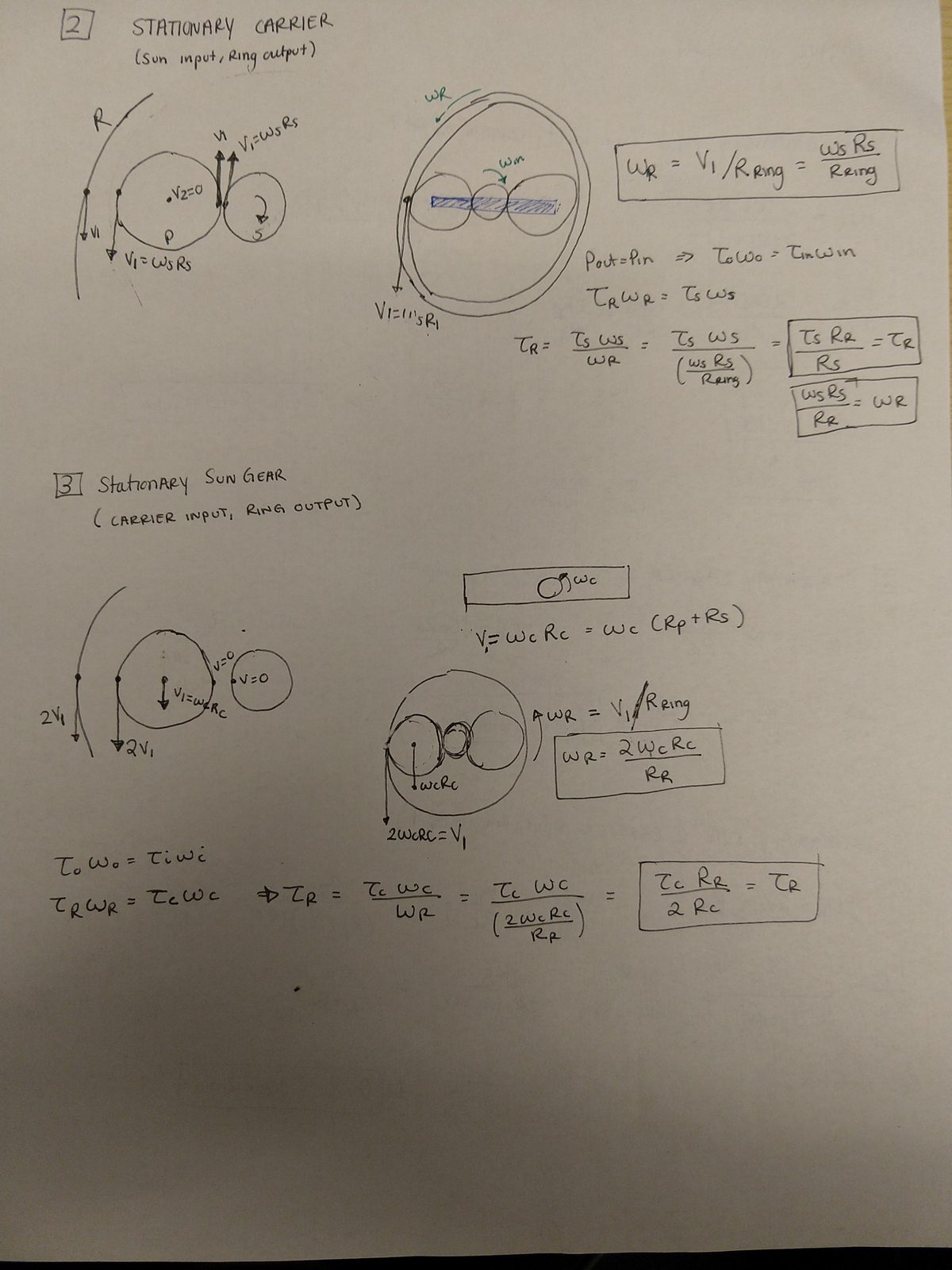 Notebook page working the second and third configurations. Case 2, stationary carrier with sun input and ring output, tracks the velocity at each mesh point to relate omega-R to omega-S, then uses power in equals power out to get the torque ratio. Case 3, stationary sun with carrier input and ring output, does the same