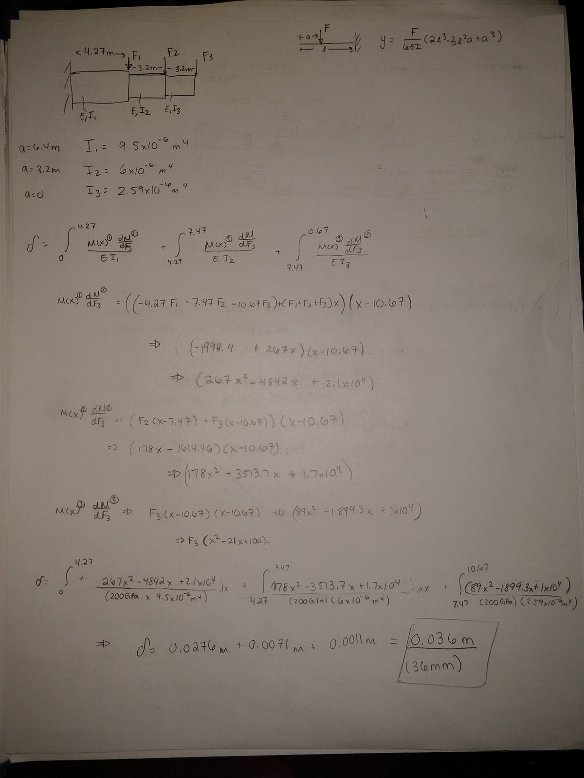 Notebook page evaluating the superposed integrals over the three constant-I segments, with I-1 of 9.5 by 10 to the minus 6, I-2 of 6 by 10 to the minus 6 and I-3 of 2.59 by 10 to the minus 6 metres to the fourth, summing three contributions of 0.0276 m, 0.0071 m and 0.0011 m to a boxed total of 0.036 m or 36 mm