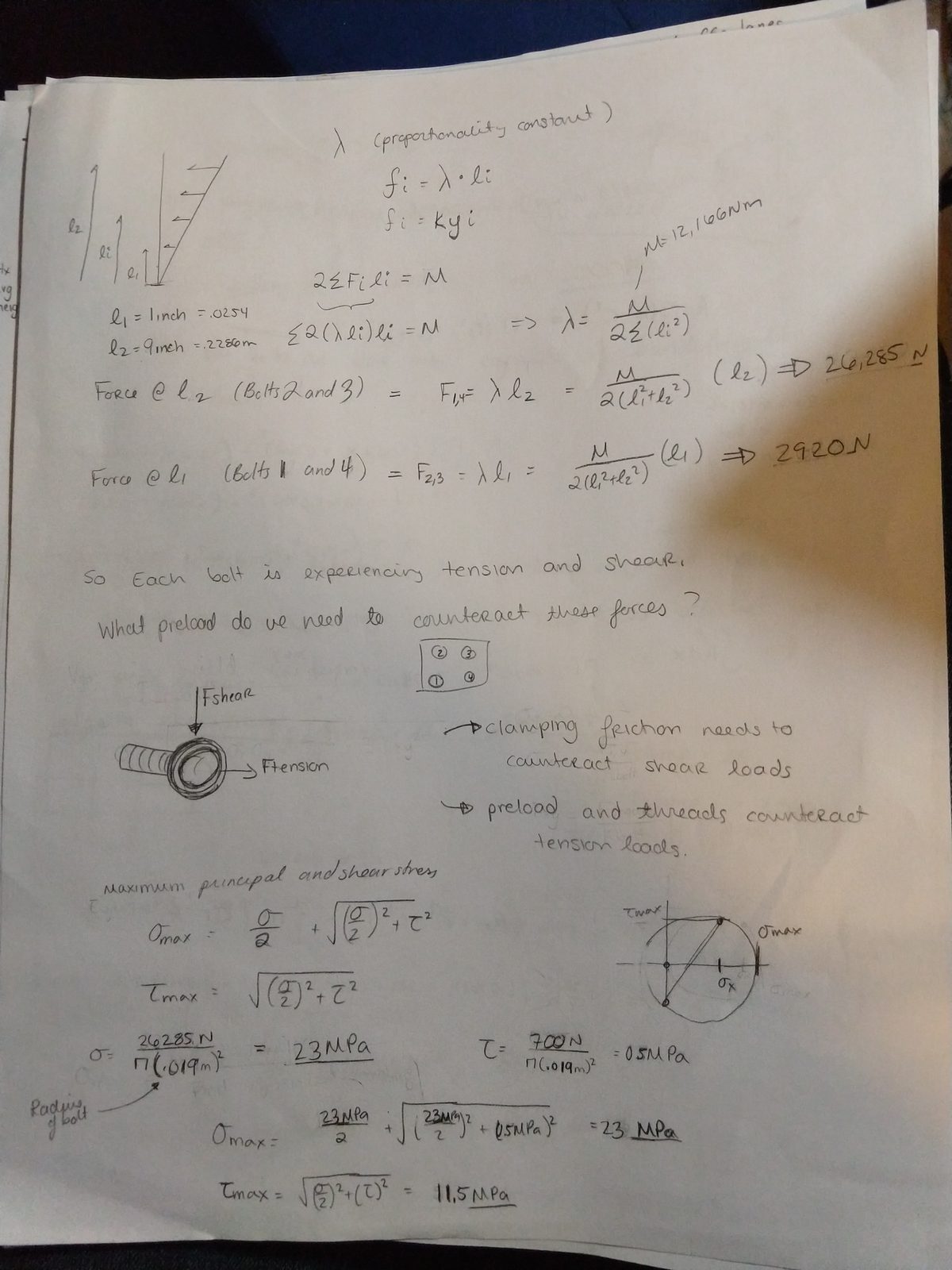 Notebook page solving the bolt forces. With a proportionality constant lambda relating force to lever arm, the moment sum gives lambda in terms of the applied moment and the two lever arms, resolving to 26,285 N in the far bolts and 2920 N in the near ones. Each bolt therefore sees both tension and shear, so the maximum principal and shear stresses are found with Mohr's circle -- a normal stress of 23 MPa and a shear stress of 0.5 MPa give a maximum principal stress of 23 MPa and a maximum shear stress of 11.5 MPa