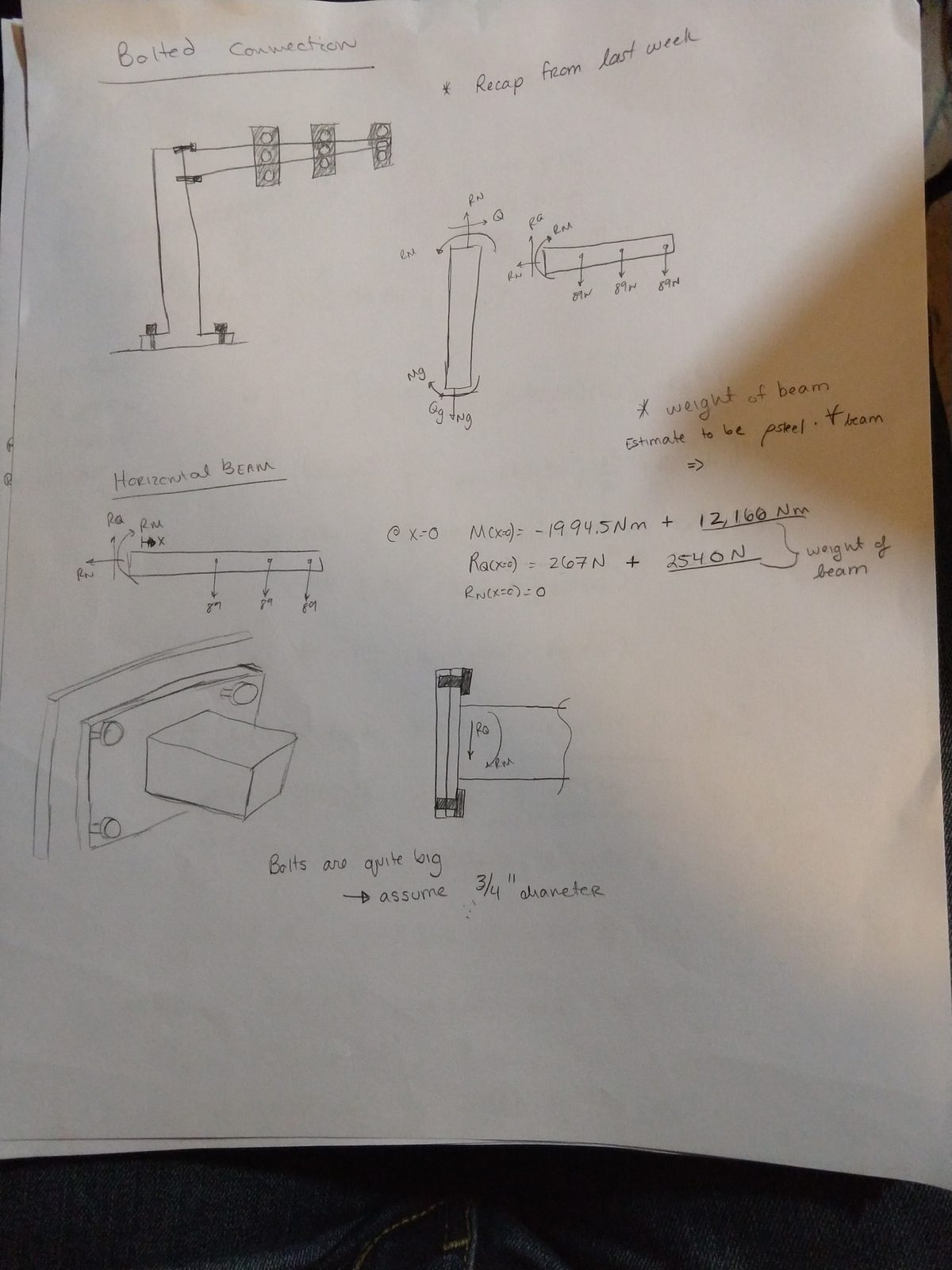 Notebook page headed "Bolted Connection", recapping last week's free body diagrams for the horizontal and vertical members and noting that the weight of the beam still needs estimating. Adding it changes the reaction moment from minus 1994.5 N·m to 12,166 N·m, with the beam weight of 2540 N bracketed as the new contribution. Sketches show the four-bolt flange pattern, and a note reads that the bolts are quite long, assume three-quarter inch diameter