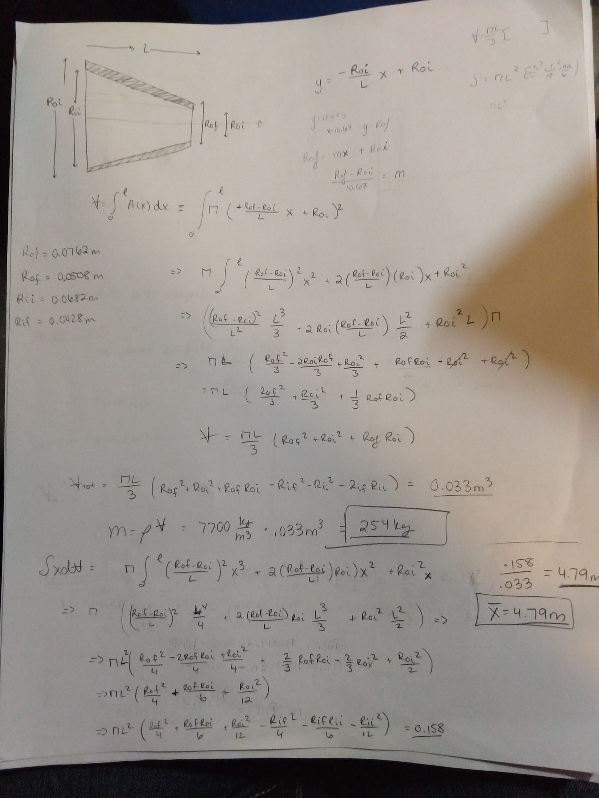 Notebook page integrating the tapered hollow section. The outer and inner radii are written as linear functions of position -- outer from 0.0762 m to 0.0508 m, inner from 0.0682 m to 0.0428 m -- and the cross-sectional area integrated along the length to give a total volume of 0.033 cubic metres. With steel at 7700 kg per cubic metre that is 254 kg. A first-moment integral divided by the volume puts the centroid at 4.79 m from the root