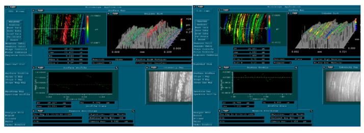 Interferometer surface-finish measurements for both parts, chuck-held on the left and direct-mounted on the right, each showing the surface map, an intensity map, and a surface profile trace