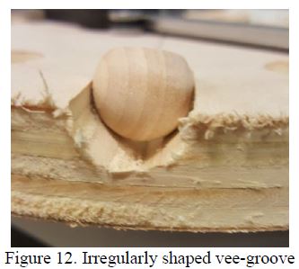 The first attempt at a vee-groove: a wooden sphere sitting in a groove that is visibly too deep and ragged at the edges, with torn grain around the cut