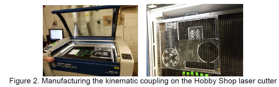 The Epilog Fusion laser cutter in the Hobby Shop with acrylic parts on the bed, and a close-up of the cut sheet showing the base plate, top plate and the cross-shaped vee-groove blanks