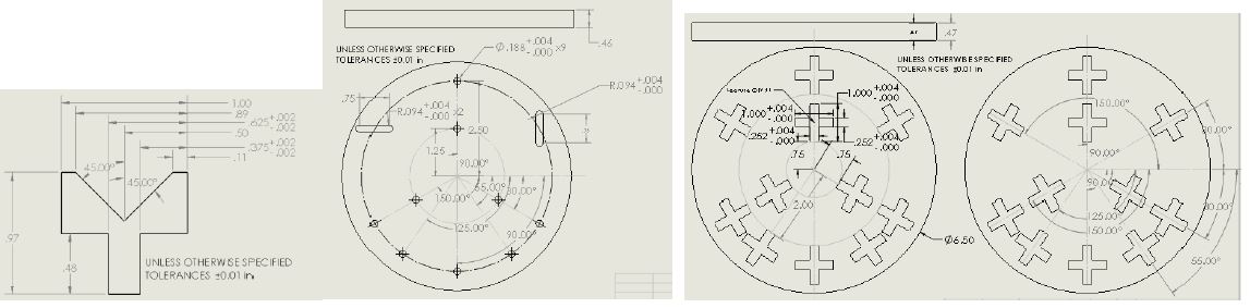 Three dimensioned production drawings: the 45 degree vee-groove profile toleranced to plus four thousandths, the top plate with its ball-position holes and adjustment slots, and the base plate with twelve cross-shaped vee-groove mounts on a 6.50 inch circle