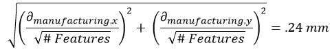 The expected accuracy expression: the root sum of squares of manufacturing error in x and in y, each divided by the square root of the number of features, evaluating to 0.24 mm
