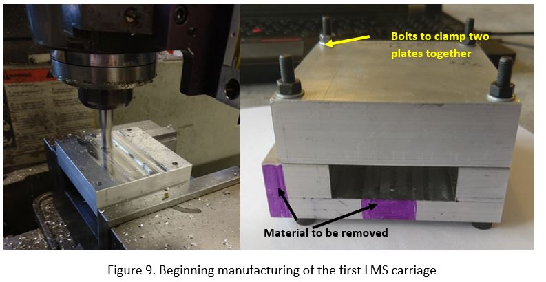 Beginning manufacture of the first carriage: milling the T slot into an aluminium plate clamped in the mill vise, and the two plates bolted together with the material still to be removed highlighted in purple