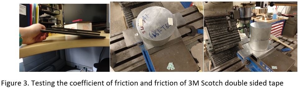 Three photographs of the friction and stiffness testing: tilting two taped MDF strips by hand to find the sliding angle, an aluminium cylinder standing on a taped block on the mill table, and a second aluminium mass added on top under the mill quill