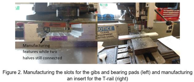 Machining the slots for the gibs and bearing pads with the two halves still connected as a single piece of stock, and machining an insert for the T-rail on the mill