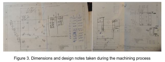 Two handwritten drawing markups covered in dimensions, tapped-hole callouts and correction notes taken at the machine during the machining process