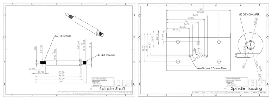 Two production drawings: the spindle shaft, 207 mm long with half-thirteen threads at one end and M14 by 1 at the other and toleranced diameters through the bearing seats, and the spindle housing showing the bore, mounting holes, a 35 degree chamfer and a vee-groove 2.54 mm deep