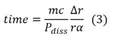 The combined result: time equals m c over P dissipated, times delta r over r alpha