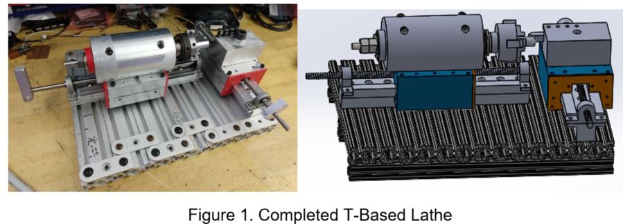 The completed T-based lathe photographed on the bench beside its SolidWorks model — the spindle housing on its carriage facing the tool holder on the perpendicular axis, all mounted on an 80/20 extrusion base