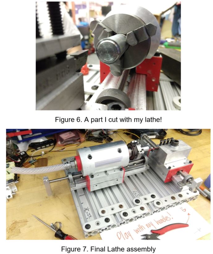 A part held in the three-jaw chuck on the assembled lathe, and below it the final lathe assembly on the bench with the drill coupling attached and a handwritten note reading "play with my handles!"