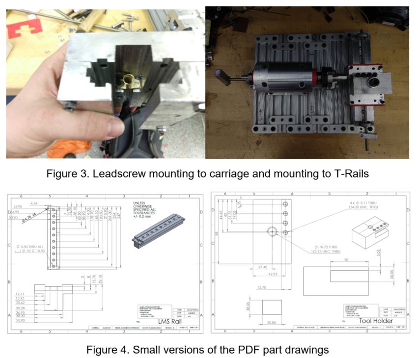 Leadscrew mounting to the carriage and to the T-rails, with the brass leadnut visible in the milled slot, beside part drawings for the LMS rail and the tool holder