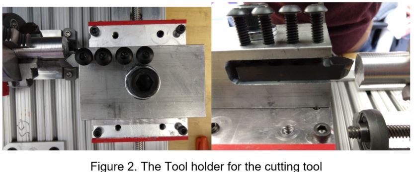 The tool holder from above and from the side, showing the four clamping screws across the top, the half-thirteen clamping bolt hole in the middle, and the cutting tool held in the slot