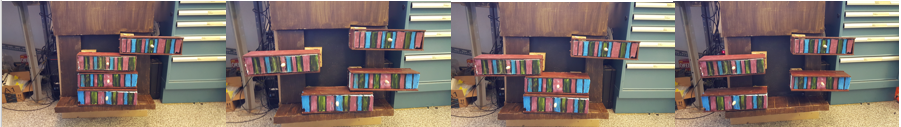 Four-frame sequence of a cardboard-and-wood sketch model, a rotating bookshelf tested as an early version of the reveal
