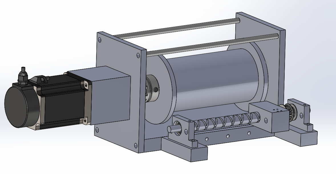 CAD of the custom winch: a NEMA 34 stepper and gearbox driving a cable drum, with a lead screw underneath for spooling