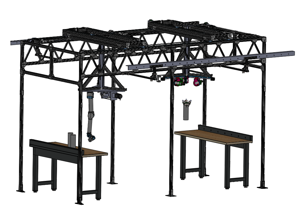 CAD of the expanded gantry crane: the new girder with the upside-down UR arm and a winch over one workbench, and the WinchBot over the other