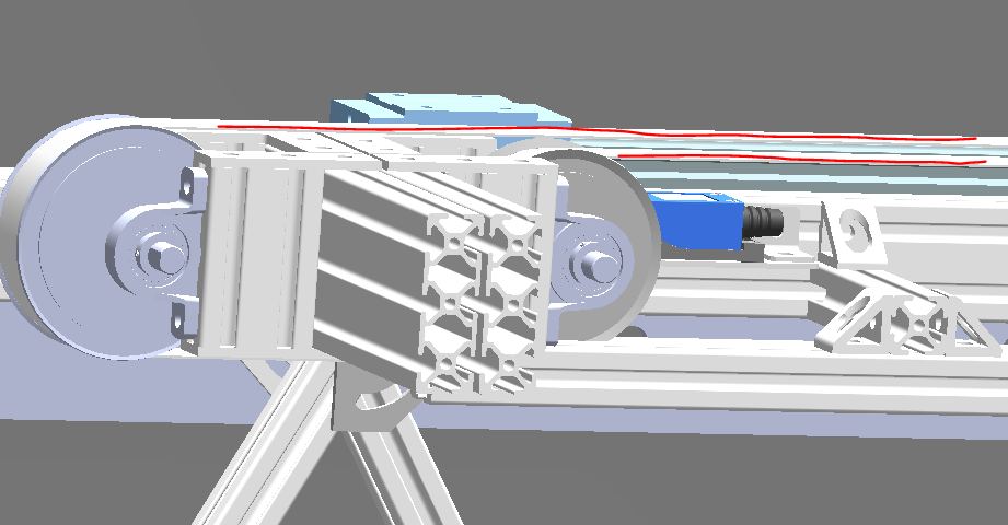 CAD close-up of the belt drive and pulley that move the new girder along the crane