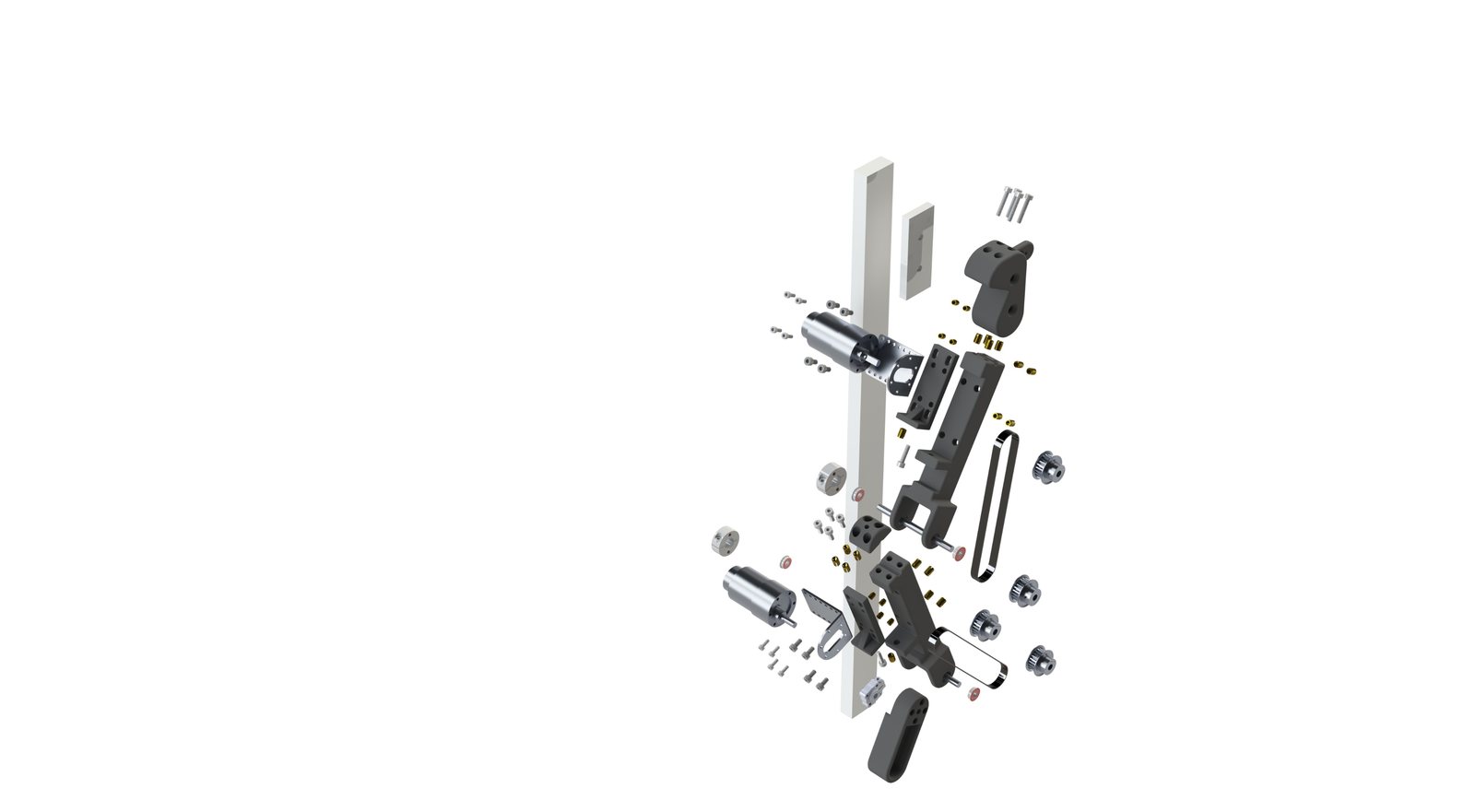 Exploded CAD of the leg on its guide rail: the rail carriage and adapter at the top, then femur, tibia and foot, with the knee and ankle motors, timing pulleys, bearings and fasteners pulled out along their axes