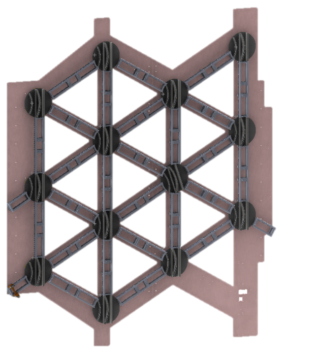 CAD render of the hexagonal rail network showing the triangular grid of rails with circular turntables at every intersection, mounted on a structural backing