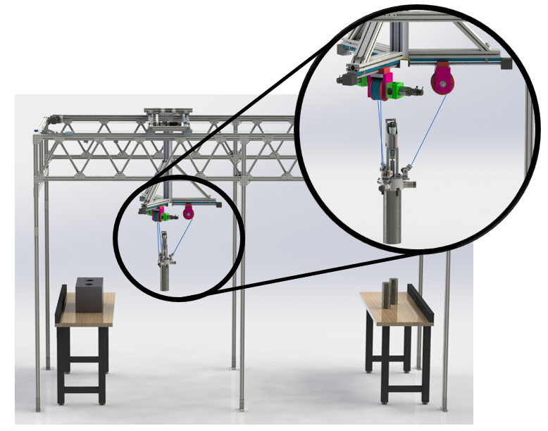 The WinchBot concept at factory scale: a gantry crane with the three-winch platform hanging from it, lowering a shaft toward a hole on a workbench